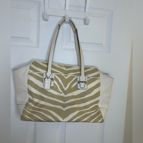 Coach Taylor Carryall Zebra Stripe Leather Canvas LG Satchel Tote F27009 summer - Picture 2 of 16